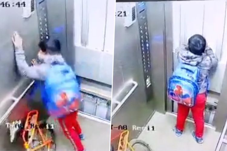 CCTV viral video: 8 year old boy got trapped in the lift of his society in Noida