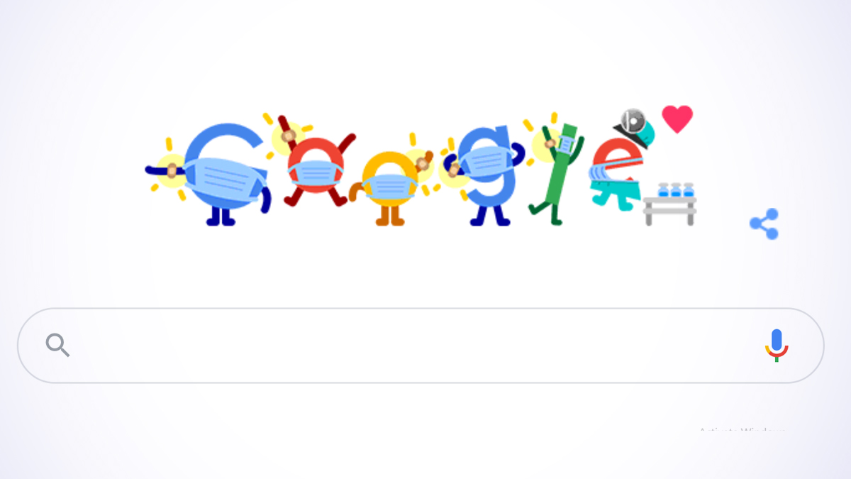 Google Doodle requests people to get vaccinated and wear masks to keep safe from Covid. 